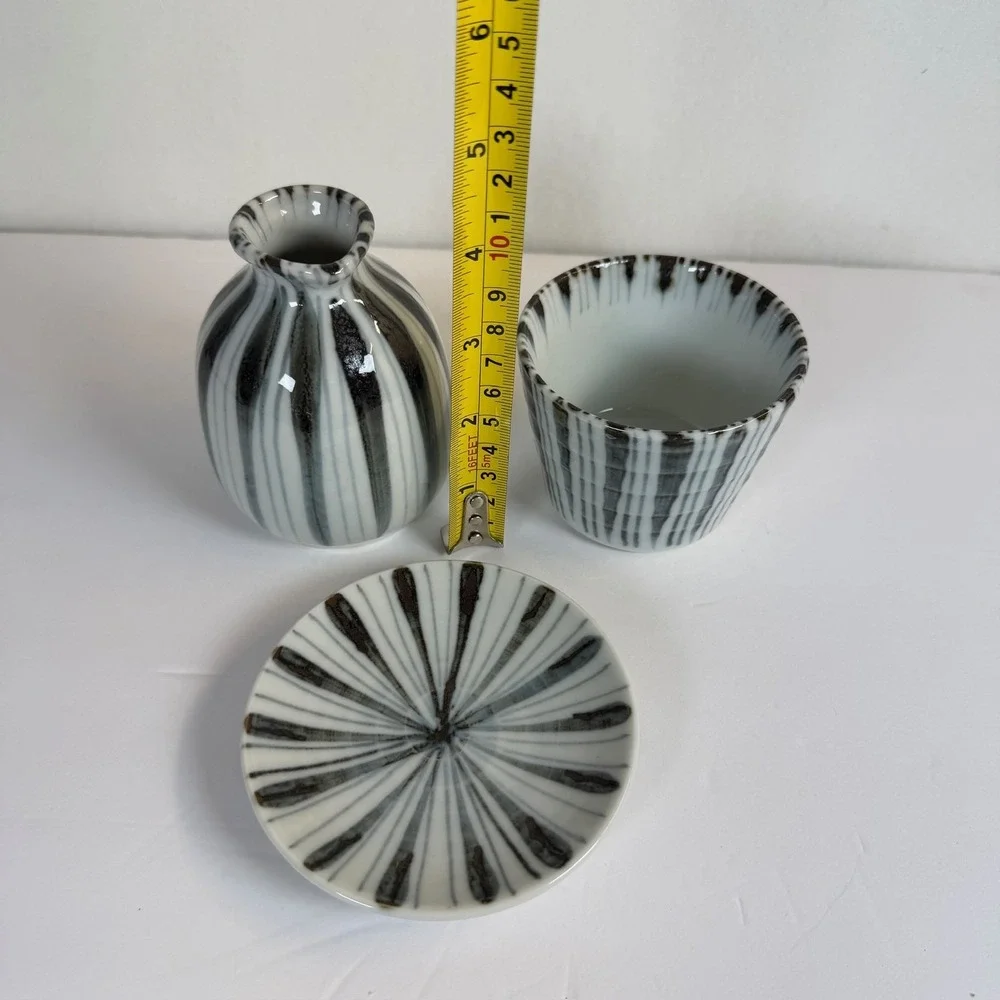 Japanese Sake Set Ceramic Carafe Cup & Saucer Black White Striped B-10